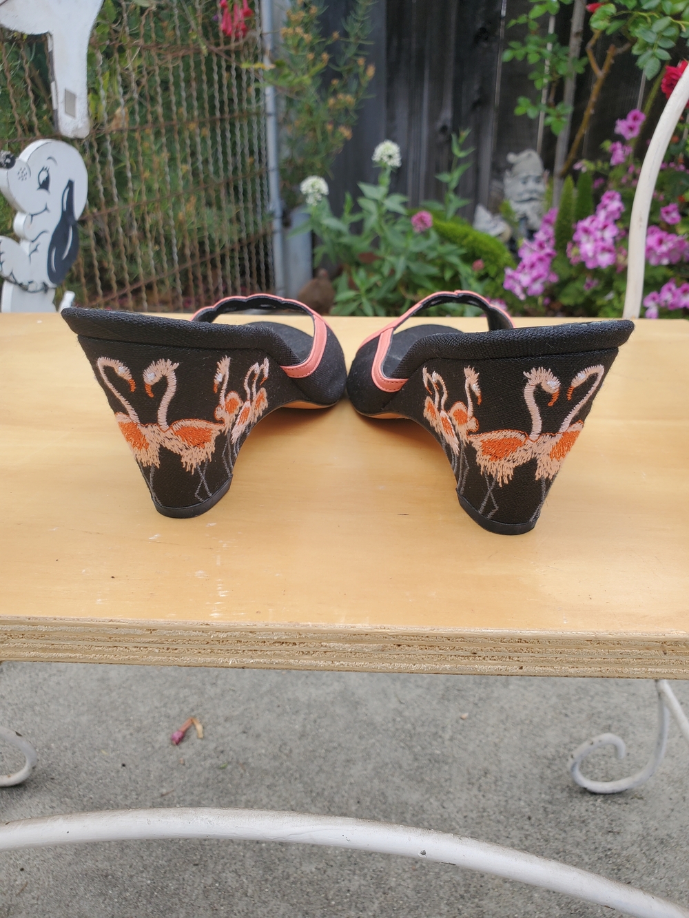 Lulu Guinness Black Wedge Sandals with Coral Flamingo Embroidery